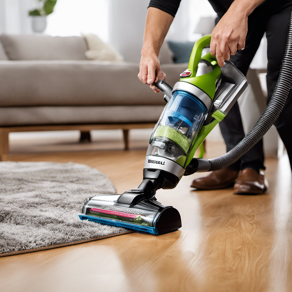 An image featuring a person effortlessly attaching the Bissell Pet Hair Eraser to their vacuum cleaner, with clear focus on the tool's sleek design, easy-to-use button, and the seamless connection it forms with the vacuum's hose
