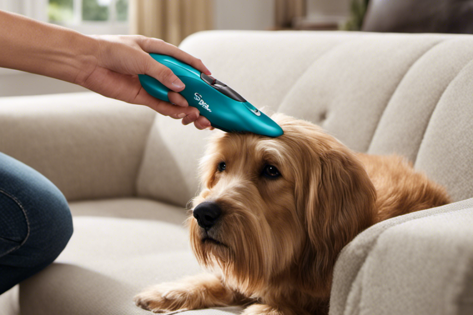 An image showcasing a person effortlessly gliding the Bissell Pet Hair Eraser across a cozy couch, with the device's rotating brush effectively lifting and trapping pet hair, leaving behind a pristine surface
