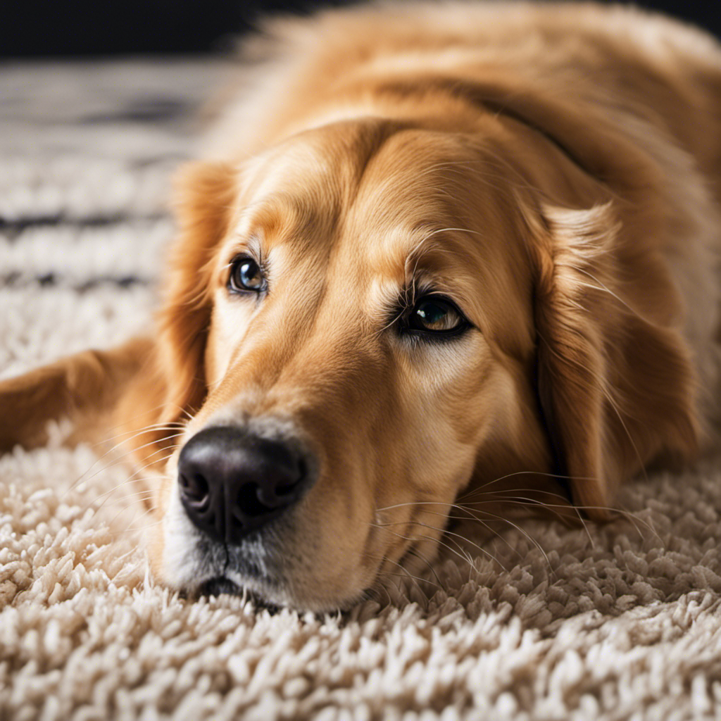 An image showcasing a fluffy golden retriever lounging on a pristine carpet while a sleek Bobsweep Pet Hair glides effortlessly nearby, effortlessly collecting every last strand of pet hair