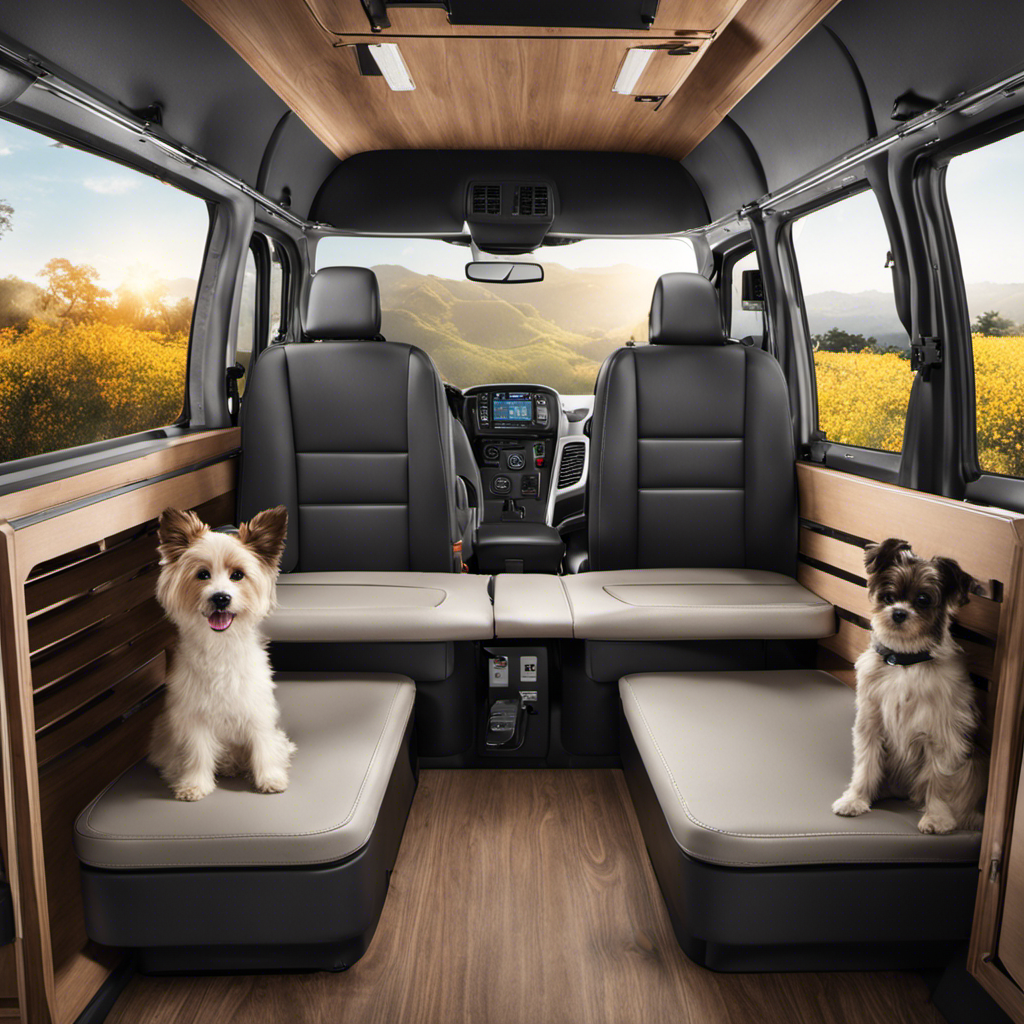 An image showcasing a spacious commercial van interior, equipped with pet-friendly features such as a removable grooming station, specialized vacuum system, and secure crates for furry passengers