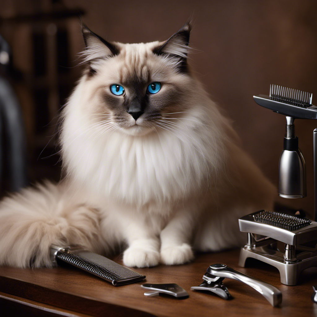 An image showcasing a serene Ragdoll cat peacefully sitting on a grooming table