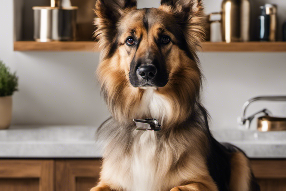 An image of a calm, well-groomed dog sitting on a clean, white countertop