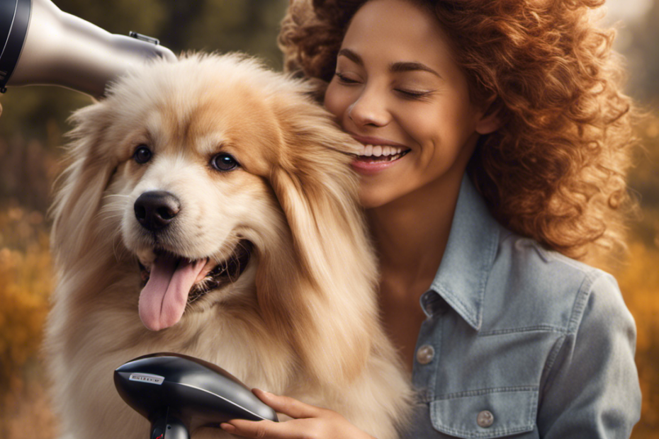 An image showcasing a delighted pet owner gently holding a sleek, fluffy dog while using a pet hair dryer