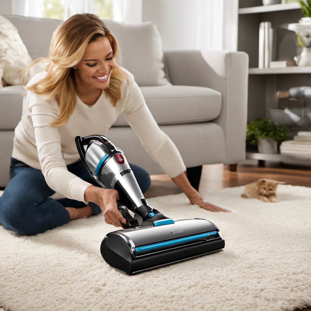 An image showcasing a person effortlessly gliding the Pet Hair Eraser vacuum over a plush carpet, effectively capturing every pet hair with its powerful suction