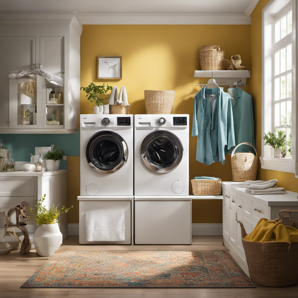 An image showcasing a vibrant laundry room scene: a washing machine filled with pet hair-covered clothes, a pet hair remover roller placed on top, and clean, hair-free garments neatly stacked nearby