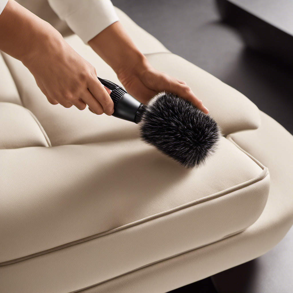 An image showcasing a hand effortlessly gliding a pet hair roller over a plush couch, capturing every stray strand of fur and leaving the fabric pristine, while emphasizing the ease and effectiveness of this essential grooming tool