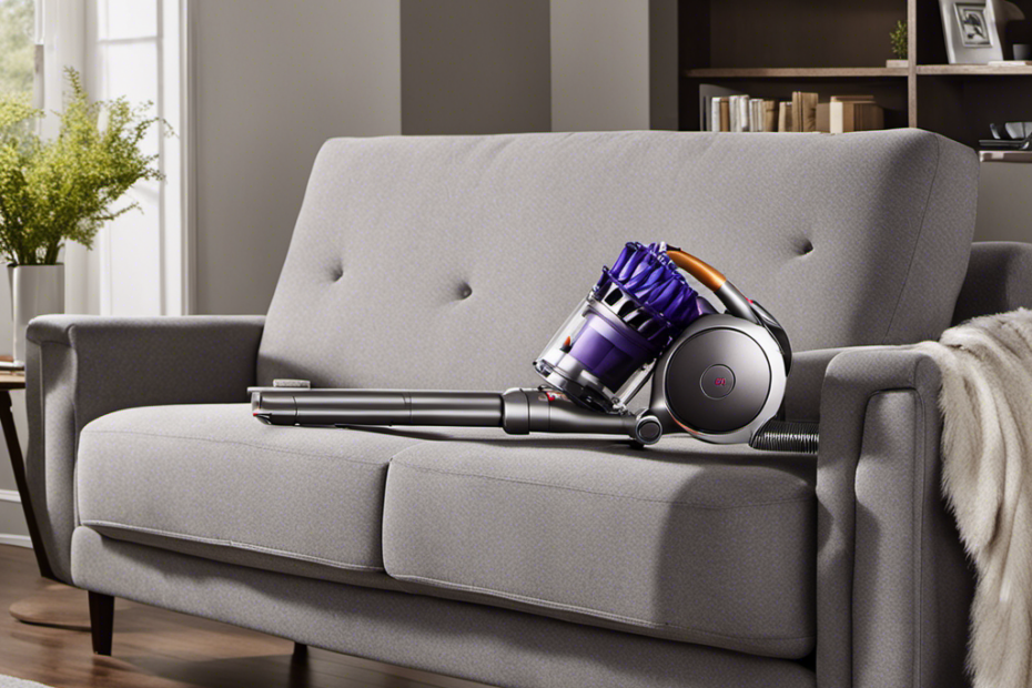 An image showcasing a person effortlessly gliding the Dyson pet hair attachment over a furry couch, capturing every stray pet hair with precision