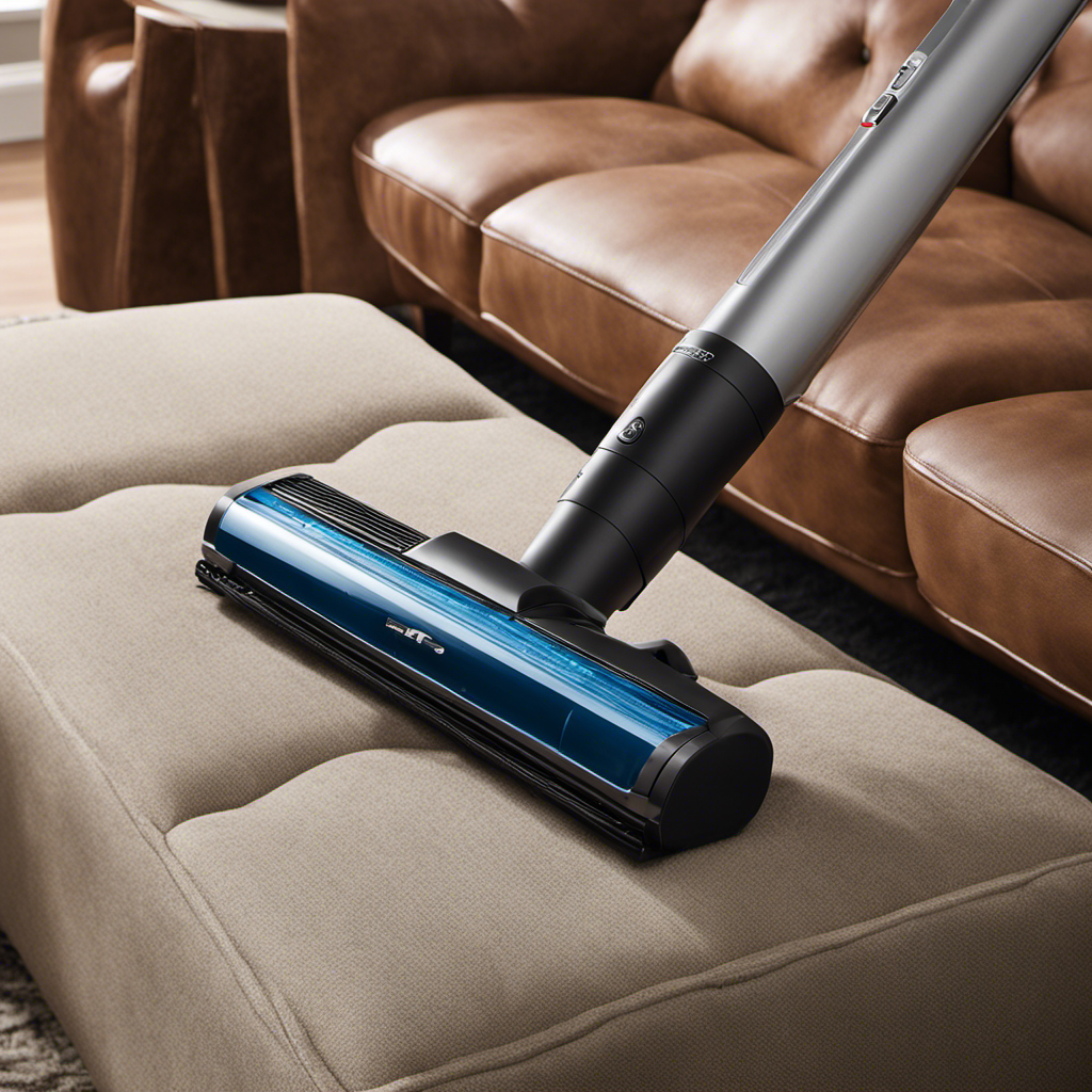 An image capturing the effortless transformation of a fur-covered couch to pristine cleanliness, as the Pet Hair Eraser Upright Vacuum's powerful suction effortlessly removes every stubborn pet hair strand