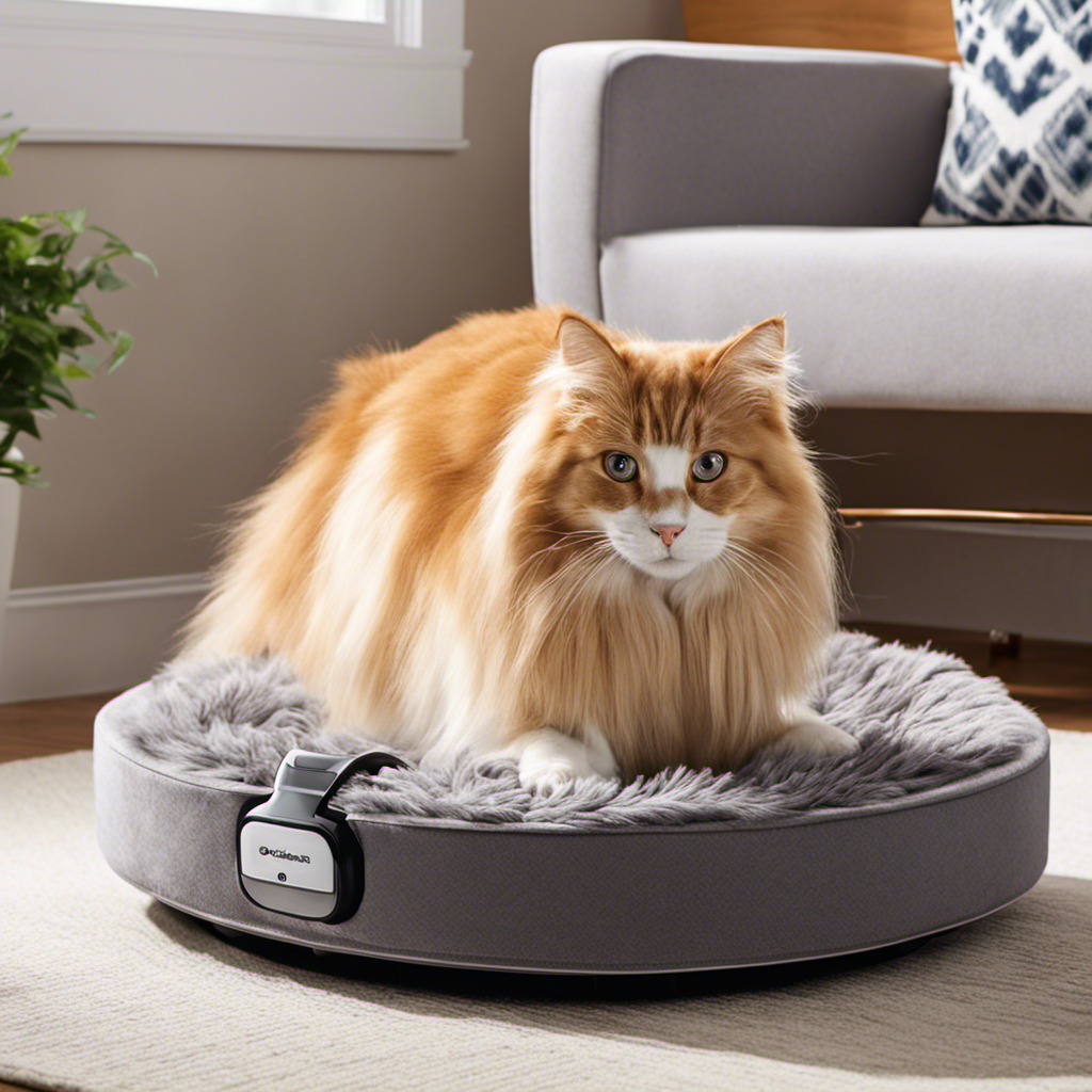 An image that showcases a vacuum cleaner with various pet hair attachments in action, effortlessly removing fur from a cozy pet bed
