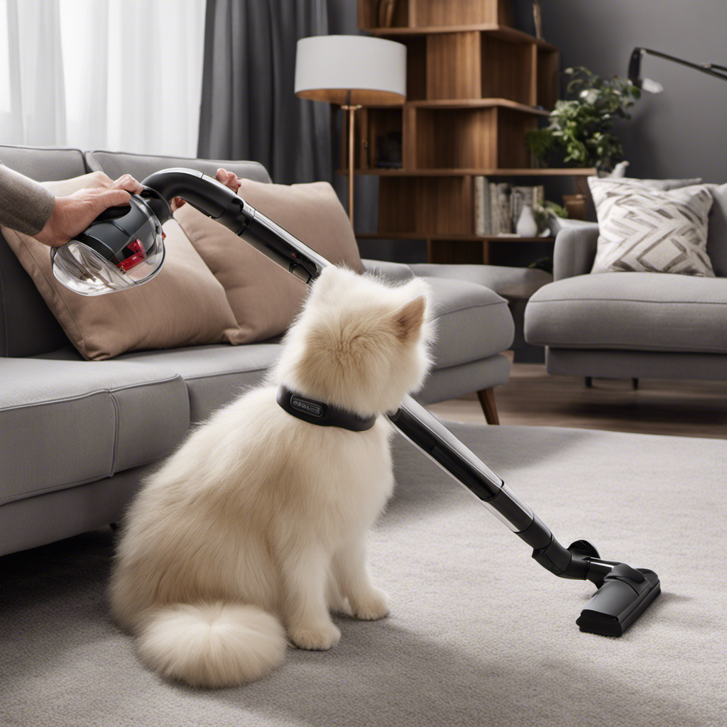 An image depicting a vacuum cleaner with a specialized pet hair attachment effortlessly removing stubborn fur from a plush sofa