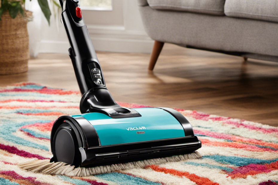 An image of a vacuum cleaner with a rotating brush attachment effortlessly gliding over a colorful throw rug, effectively removing stubborn pet hair