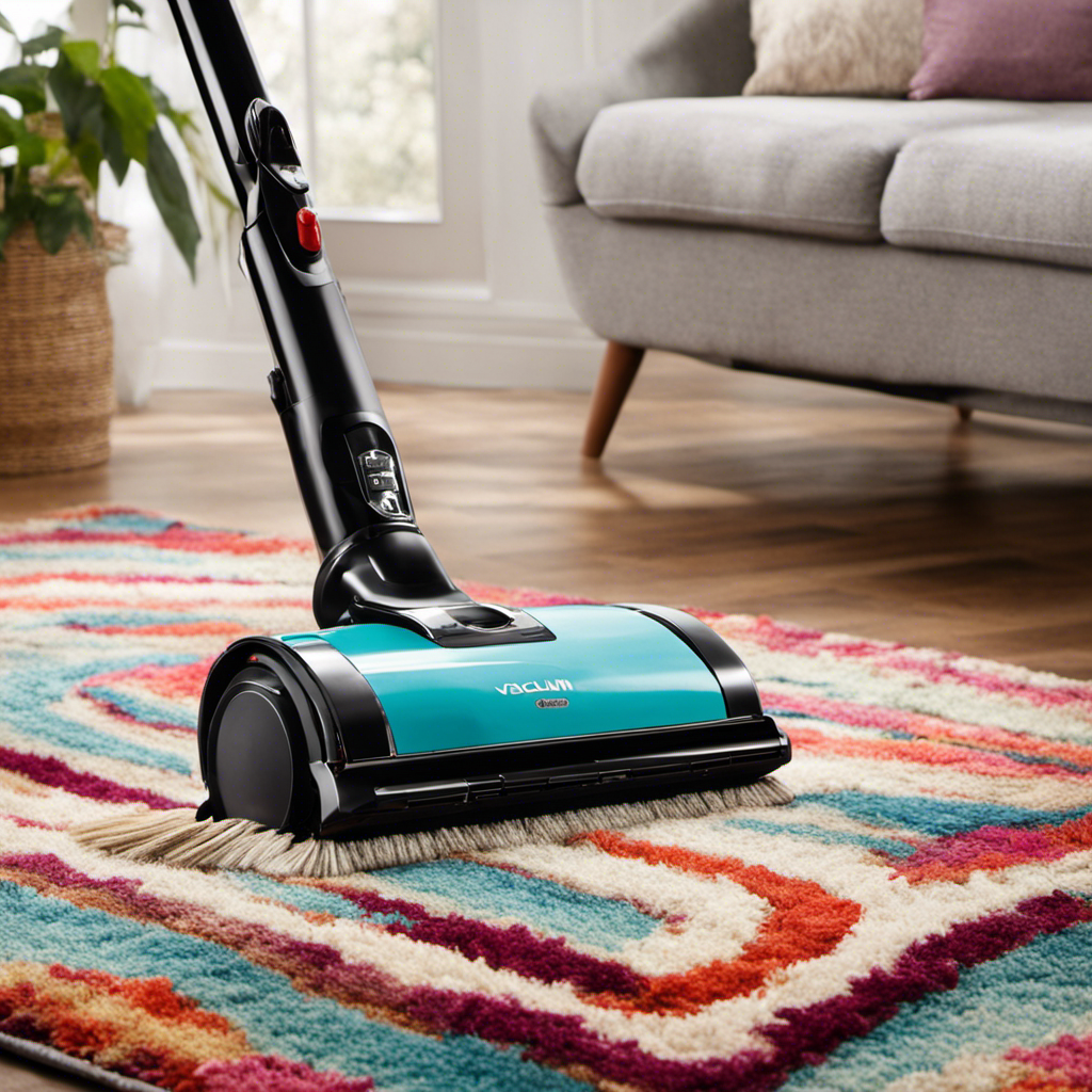An image of a vacuum cleaner with a rotating brush attachment effortlessly gliding over a colorful throw rug, effectively removing stubborn pet hair