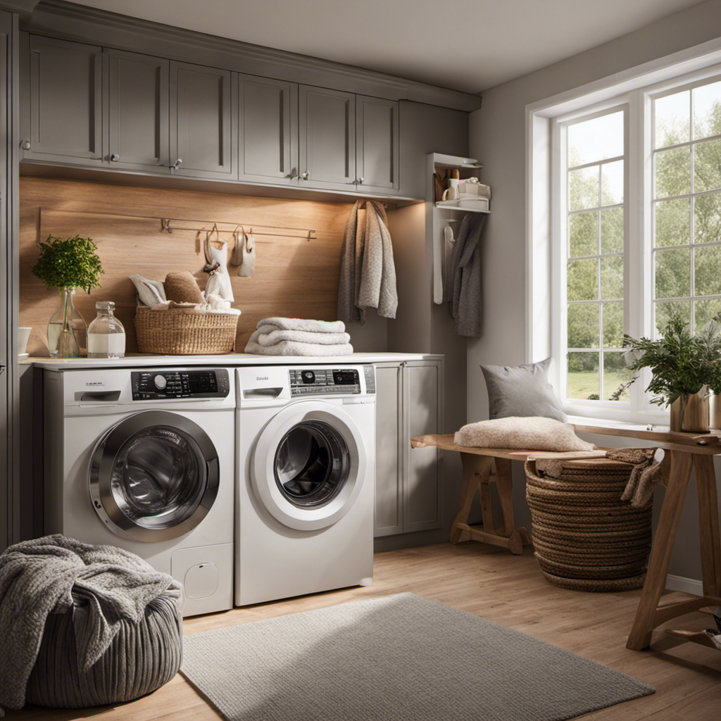 An image showcasing a cozy laundry room with a washing machine filled with fluffy blankets covered in pet hair