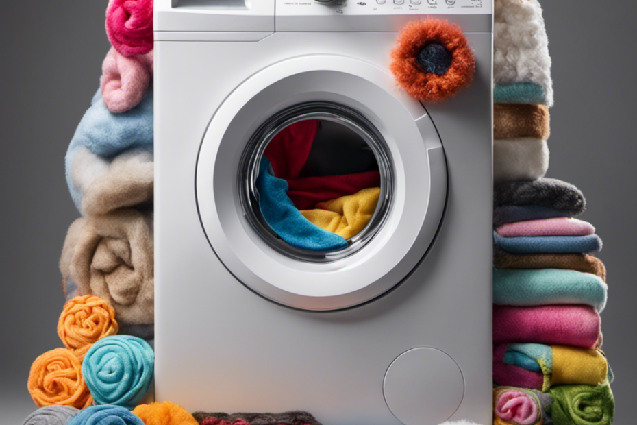 An image of a washing machine filled with soapy water and a variety of pet hair-covered items, including blankets, toys, and brushes