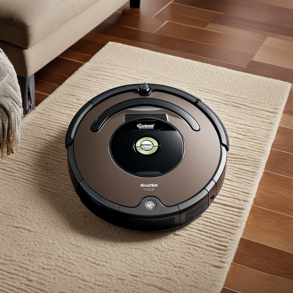 An image showcasing a Roomba effortlessly gliding across a carpeted floor, with meticulously vacuumed lines revealing a pet hair-free surface