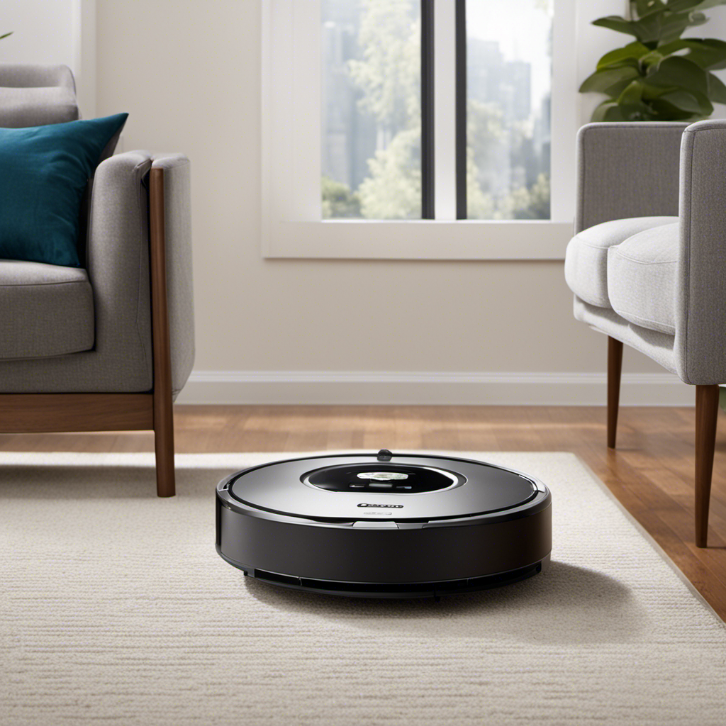An image showcasing a sleek Roomba vacuum effortlessly gliding across a carpet adorned with copious amounts of pet hair, capturing each strand with precision and leaving behind a perfectly clean surface