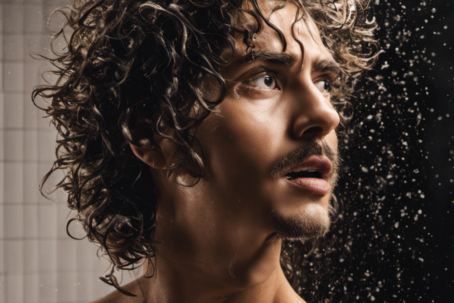 An image of a person standing in a shower, their face filled with shock and confusion, as they hold a bottle of pet shampoo in one hand and a tangled mess of fur-like hair in the other