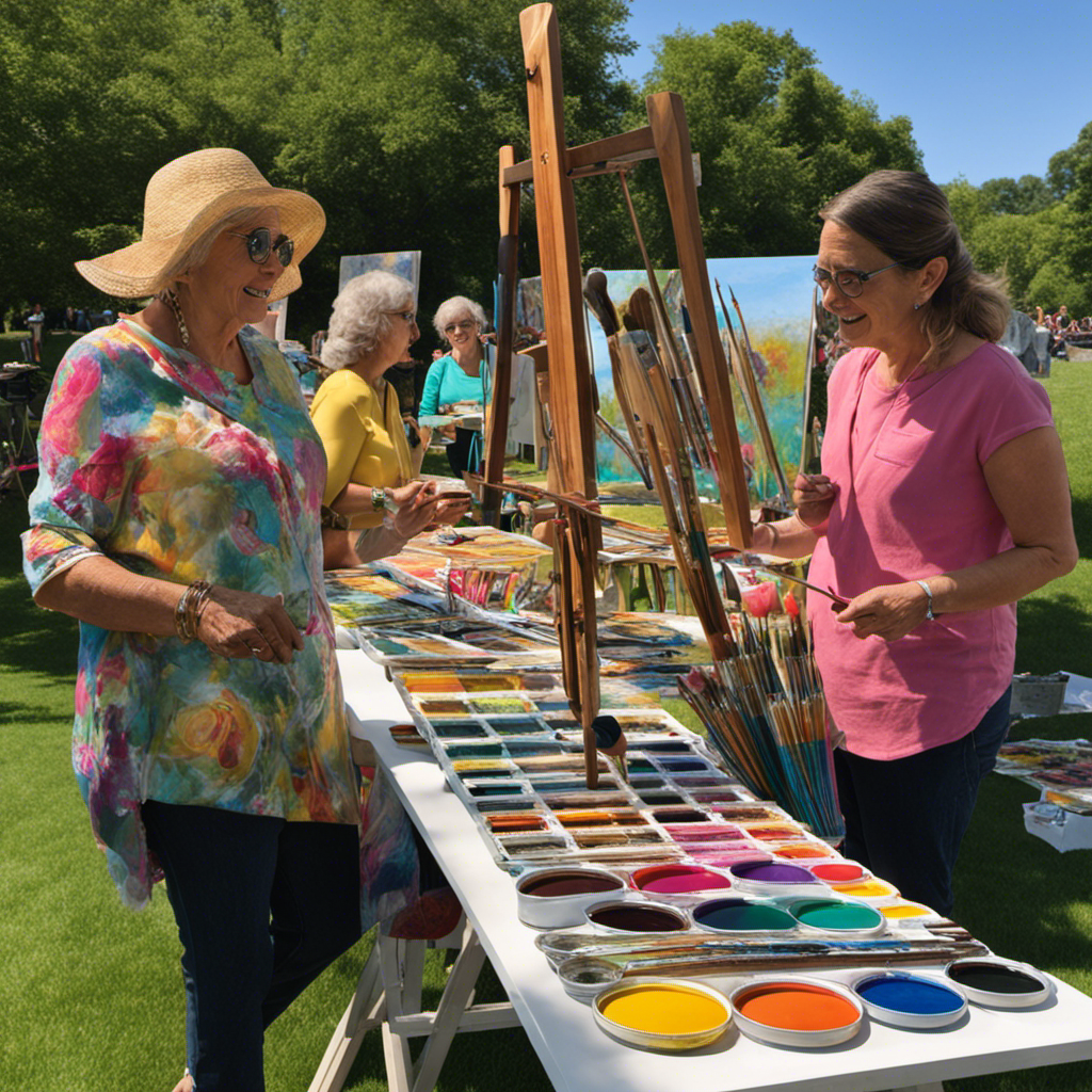 An image showcasing a vibrant palette of paintbrushes, canvases, and easels, with artists of all ages and backgrounds engaging in lively conversations, sharing techniques, and inspiring one another at PaintAccess