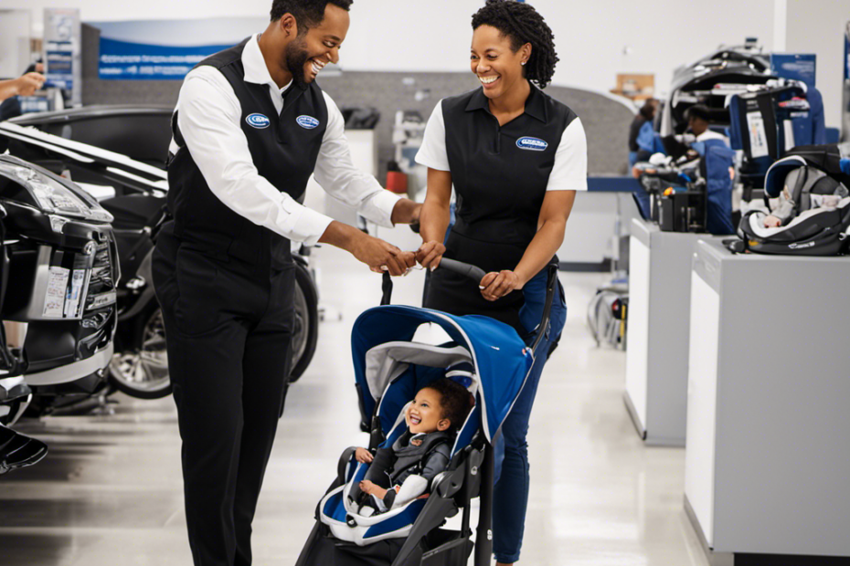 an image of a delighted customer at Graco's service center, beaming with joy as a friendly employee hands over a perfectly repaired stroller