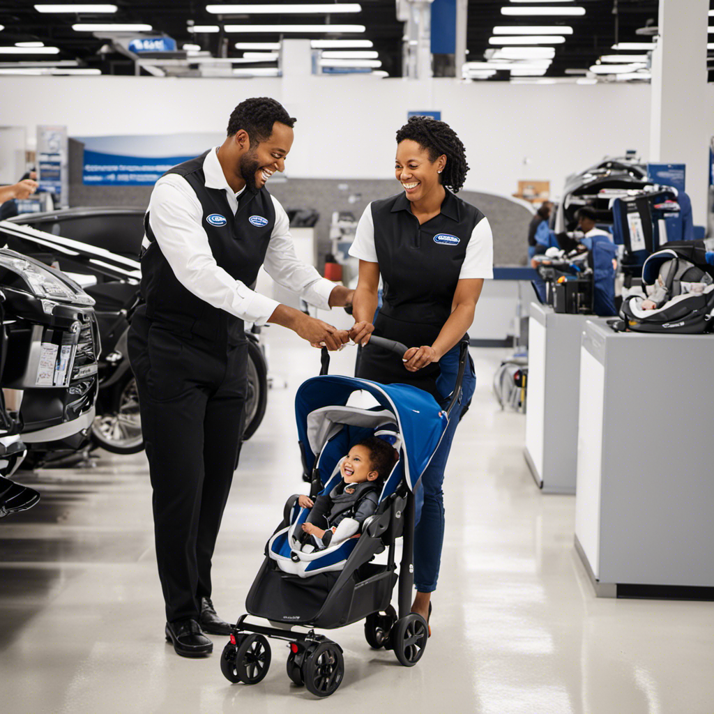 an image of a delighted customer at Graco's service center, beaming with joy as a friendly employee hands over a perfectly repaired stroller