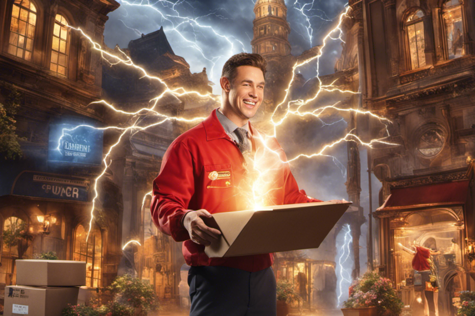 An image showcasing a smiling customer, eagerly opening a package with lightning bolts surrounding it