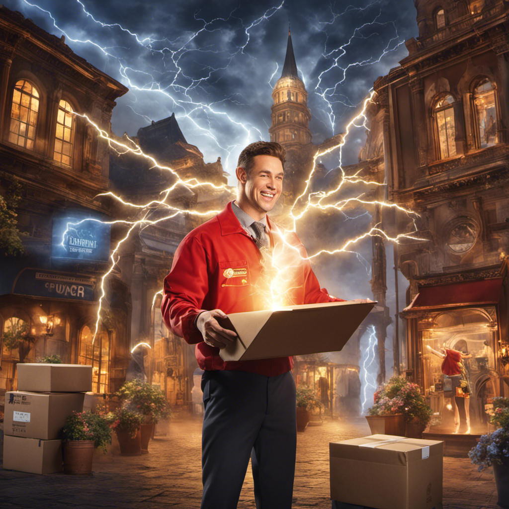 An image showcasing a smiling customer, eagerly opening a package with lightning bolts surrounding it