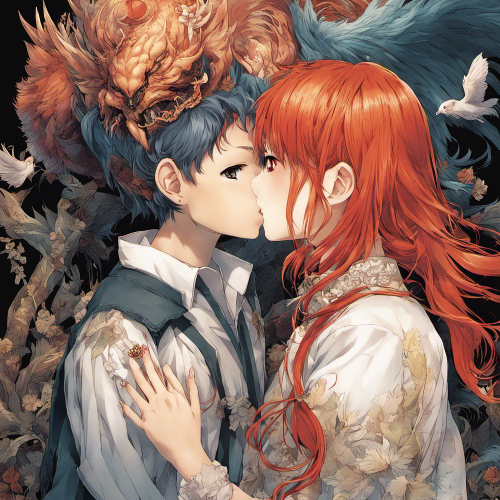 Image, a vibrant manga scene unfolds; a fiery-haired girl, dressed in tattered orphanage clothes, tenderly clasps hands with a devilish creature, their contrasting features embodying the delicate yet powerful bond they share