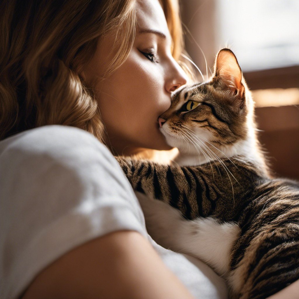 Capture the intimacy between a pet owner and their feline companion as soft morning light bathes the room