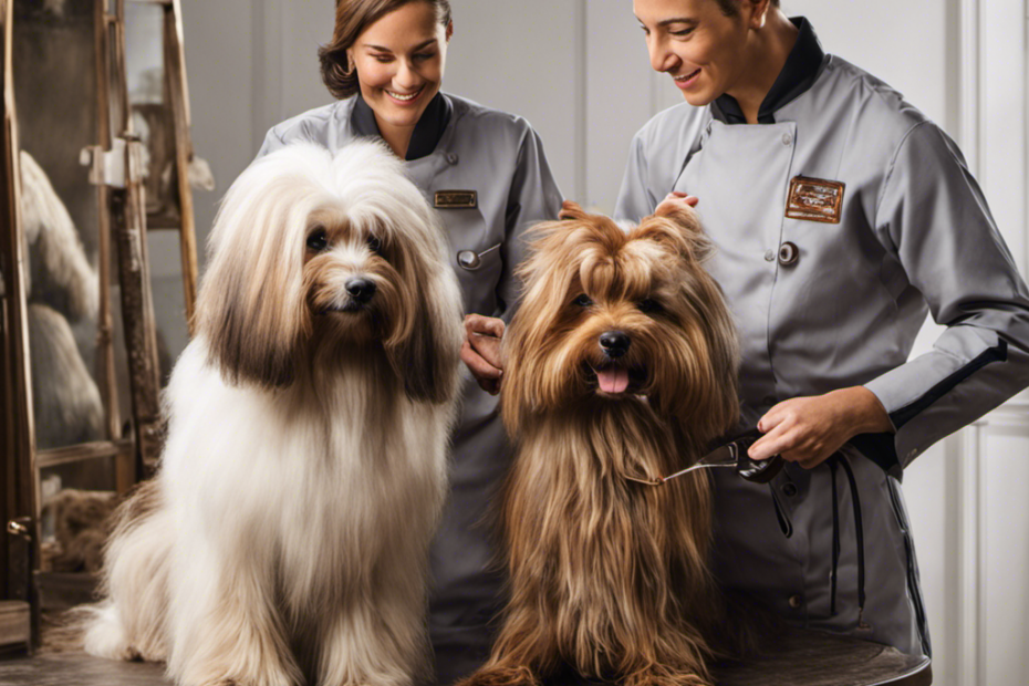 An image featuring a skilled pet groomer delicately untangling a severely matted dog's fur, revealing a beautifully restored coat, while the relieved pet looks on with gratitude and joy