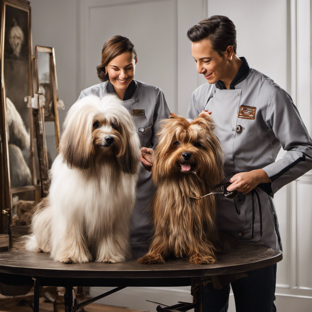 An image featuring a skilled pet groomer delicately untangling a severely matted dog's fur, revealing a beautifully restored coat, while the relieved pet looks on with gratitude and joy