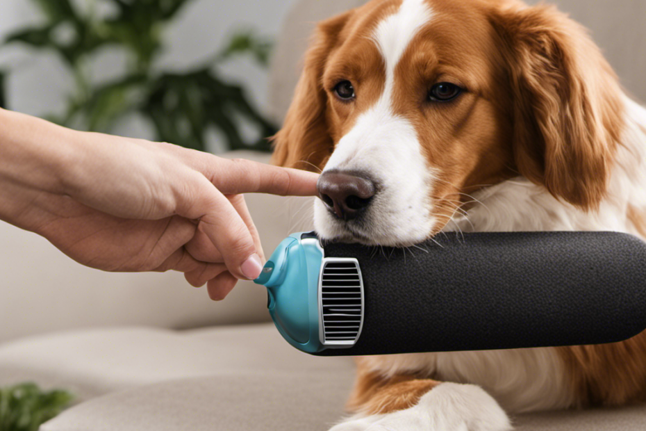 An image showcasing the Pet Hair Eraser How: a handheld device effortlessly removing pet hair from furniture with its powerful suction, compact size, and easy-to-empty bin