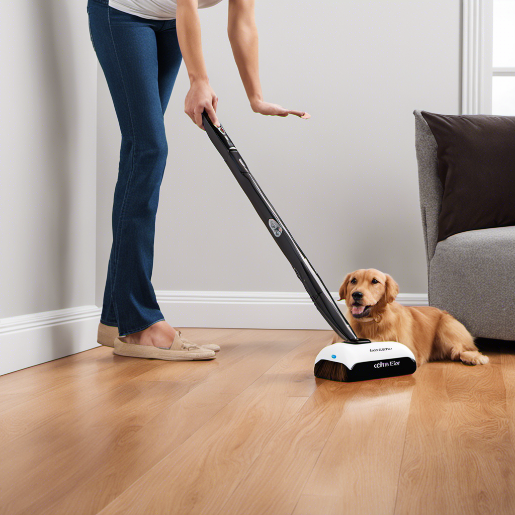 An image showcasing a gleaming wood floor with a handheld Pet Hair Eraser in action