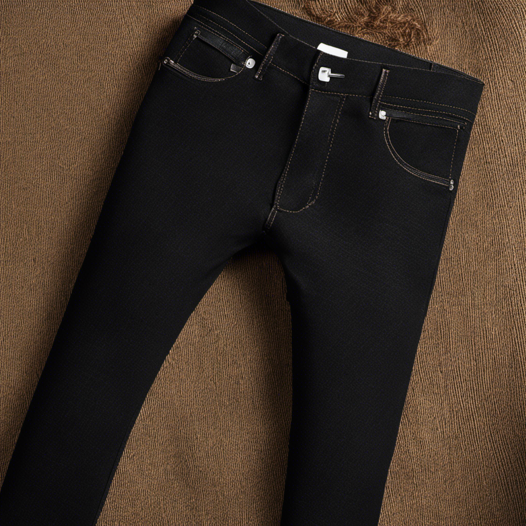 An image that showcases a pair of black jeans covered in pet hair