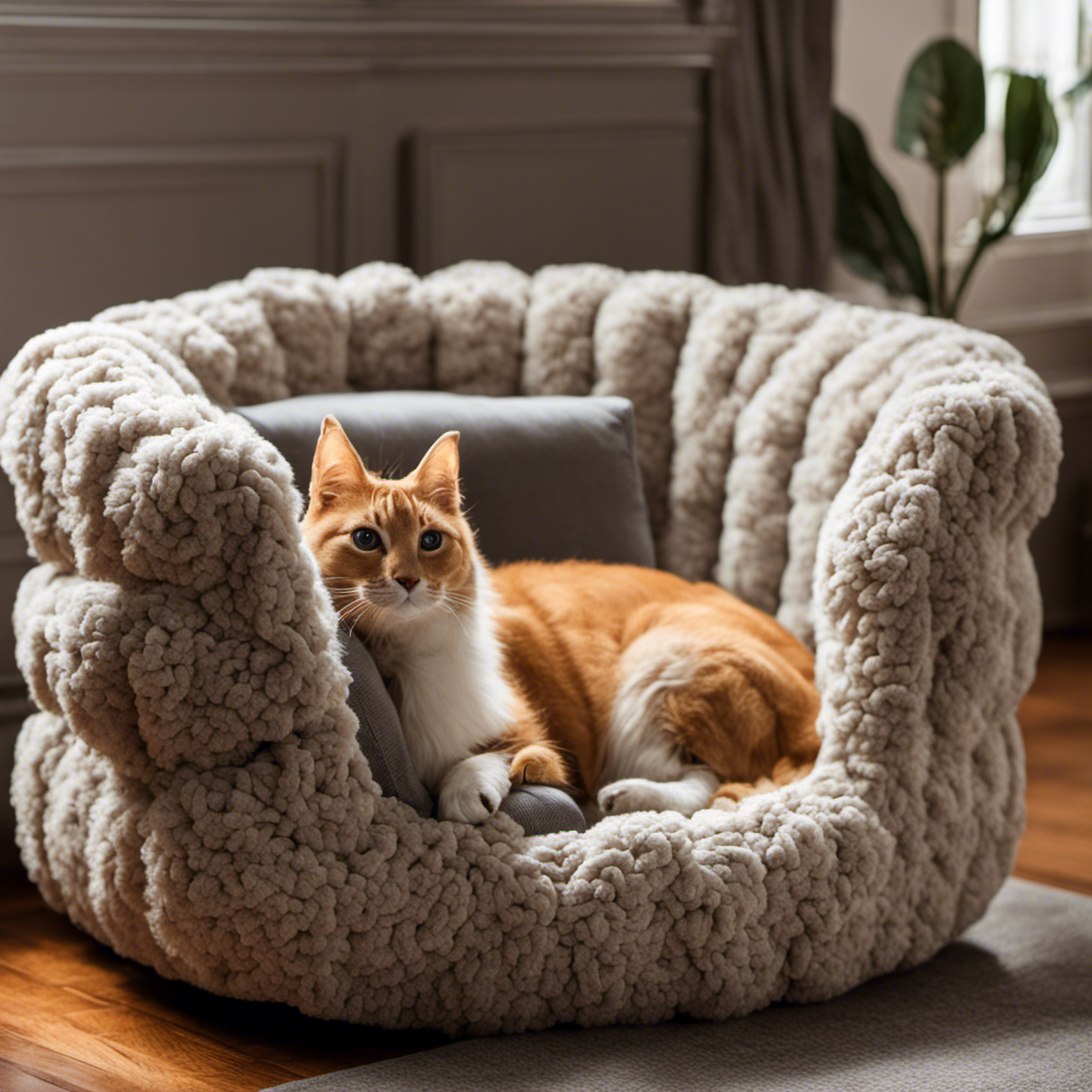 An image showcasing a cozy living room with a clean, hair-free sofa adorned with a plush, hypoallergenic pet bed