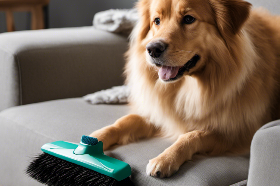 An image showcasing the Pledge Fabric Sweeper for Pet Hair in action: a hand effortlessly gliding over a furry couch, capturing every last strand