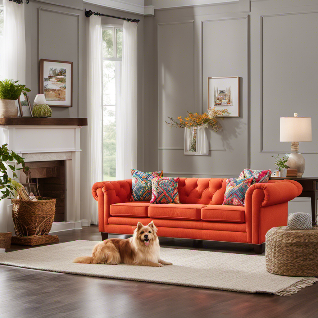 An image showcasing a vibrant pet-friendly home with a cozy sofa covered in sticky pet hair