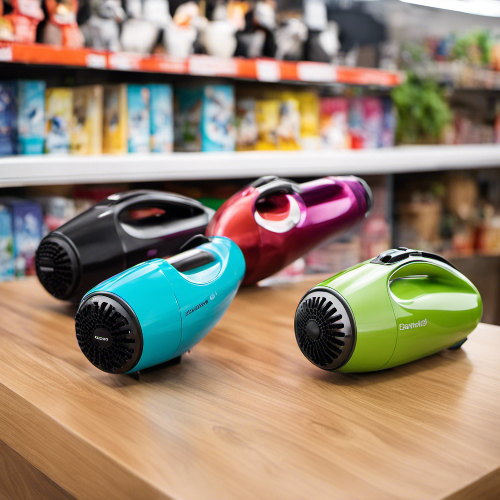 An image showcasing a compact, handheld pet hair vacuum, available in a variety of vibrant colors, prominently displayed on a shelf in a pet supplies store