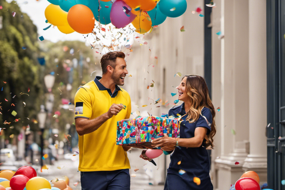 An image showcasing a cheerful delivery person swiftly handing over a package to a delighted customer, while colorful balloons and confetti fill the air, hinting at the excitement of Scott Ford's unbeatable offers in QLD, Australia