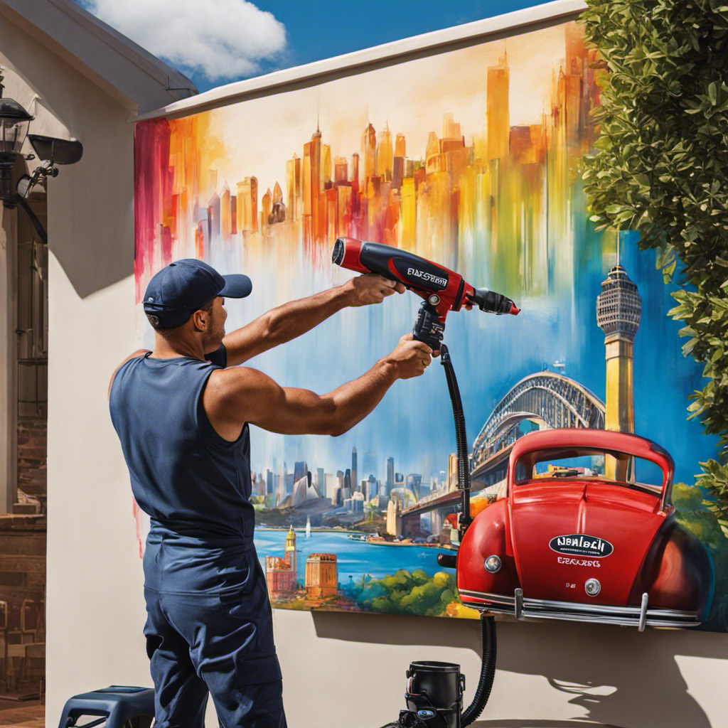 An image showcasing a skilled painter effortlessly transforming a dull wall into a vibrant masterpiece with the revolutionary paint sprayer, against the backdrop of iconic Australian landmarks