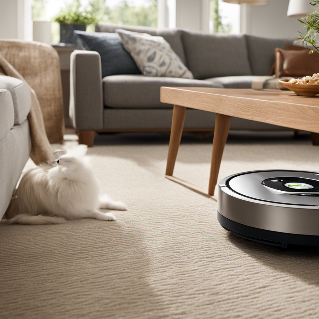 An image showcasing a Roomba 960, diligently vacuuming a living room covered in pet hair