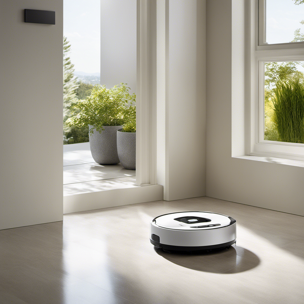 An image capturing a sleek, white Roomba gliding effortlessly across a gleaming tile floor, its bristle brush gently lifting up clumps of pet hair, while vibrant sunlight streams in through a nearby window, illuminating the spotless surface