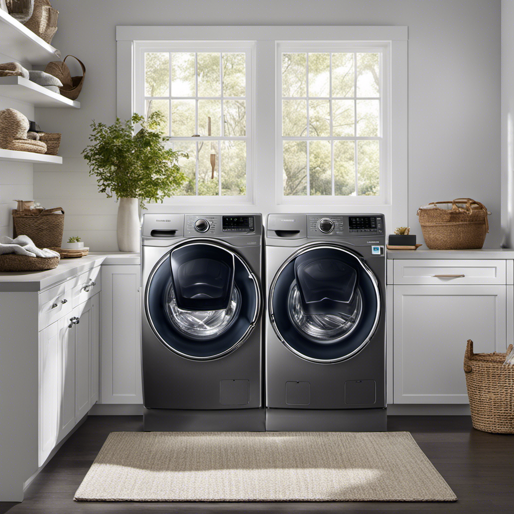 An image showcasing a Samsung front load washer filled with a load of pet hair-covered clothes