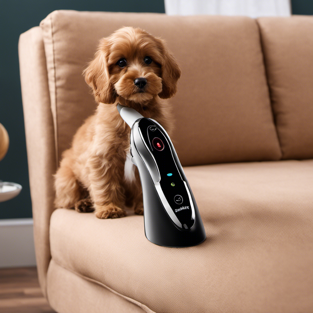 An image of a handheld Sminiker Pet Hair Removal device in action, effortlessly gliding over a furry couch
