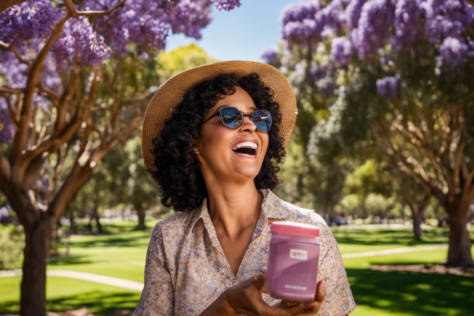 An image capturing a South Australian resident's ecstatic expression as they hold a revolutionary product, basking in the warm sunlight of Adelaide's botanical gardens, with vibrant jacaranda trees and the iconic Adelaide Oval in the background