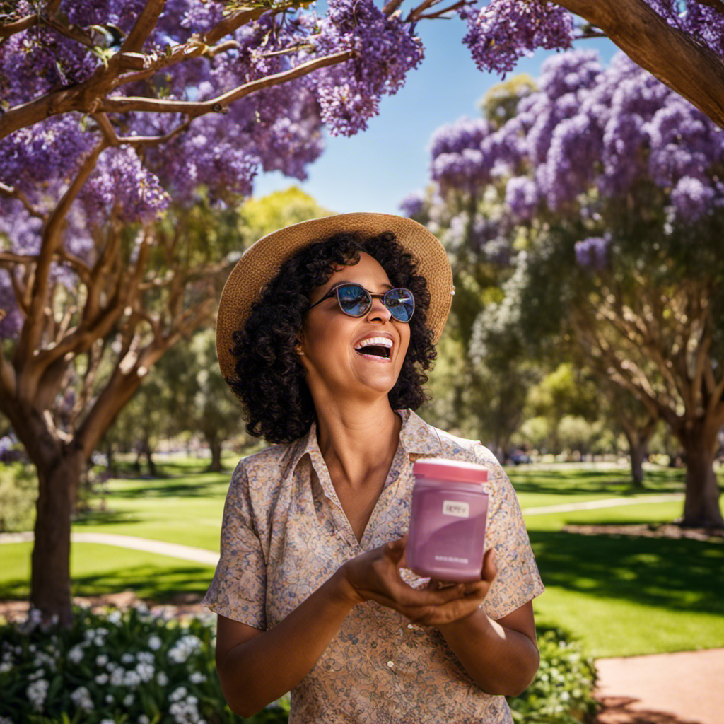 An image capturing a South Australian resident's ecstatic expression as they hold a revolutionary product, basking in the warm sunlight of Adelaide's botanical gardens, with vibrant jacaranda trees and the iconic Adelaide Oval in the background