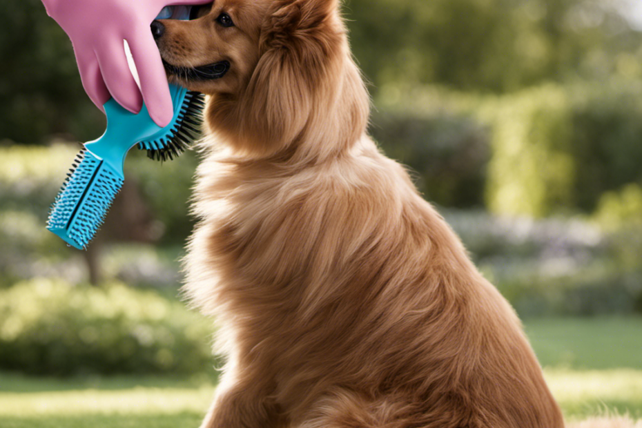 An image showcasing a gloved hand gently brushing a furry pet, with its soft rubber bristles effortlessly capturing every strand of loose hair