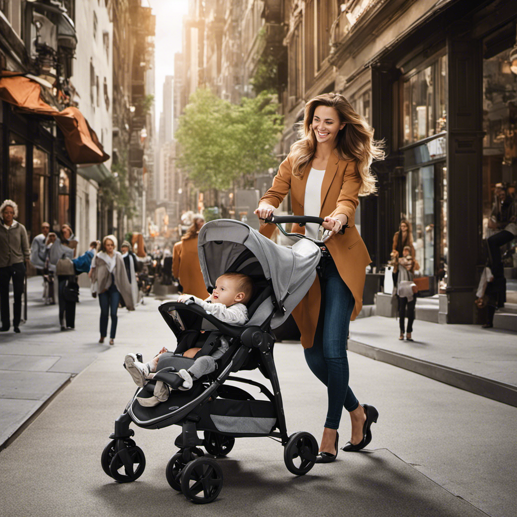 An image of a beaming customer enthusiastically holding a Graco stroller, with a delighted expression as they effortlessly maneuver through a bustling city sidewalk, reflecting the exceptional quality and innovation of Graco's products