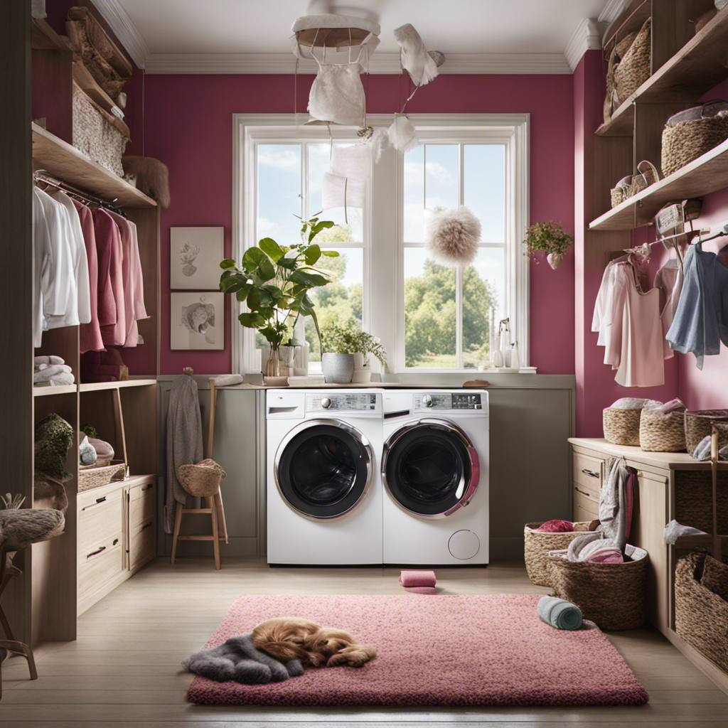 An image showcasing a vibrant laundry room scene: a washing machine filled with clothes covered in pet hair, a lint roller nearby, a dryer sheet tangled with fur, and a clean, hair-free outfit hanging on a hanger