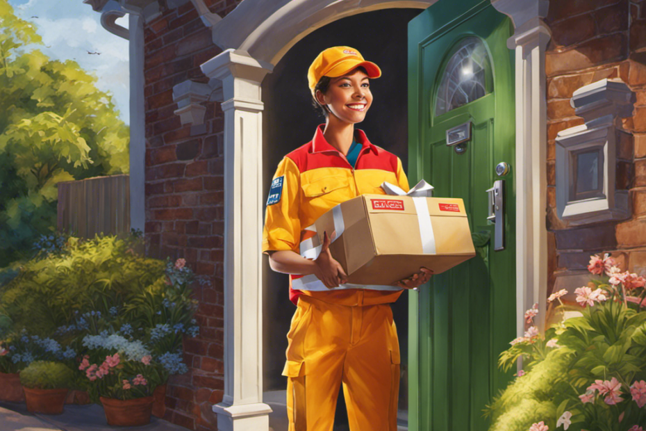 Capture the astonishment of an Ulverstone resident as they open their front door to find a delivery person, dressed in a vibrant uniform, extending their arm to hand over a package with lightning speed