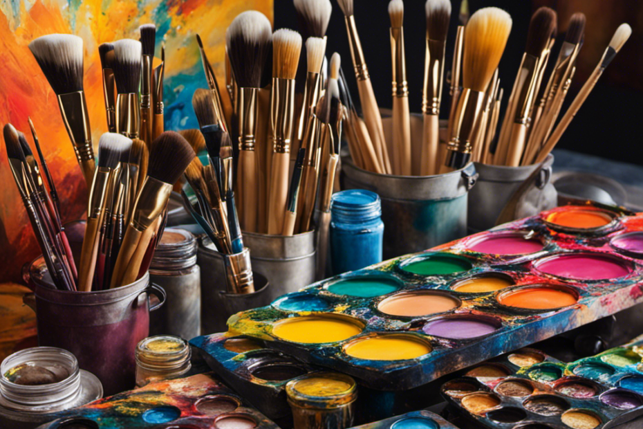 An image showcasing an array of high-quality painting accessories at unbelievable prices: a diverse collection of brushes, palettes, easels, canvases, and paint tubes, all displayed against a vibrant backdrop